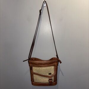 BOC Brown Faux Leather Crossbody Purse Woven Straw Front Panel Boho Western